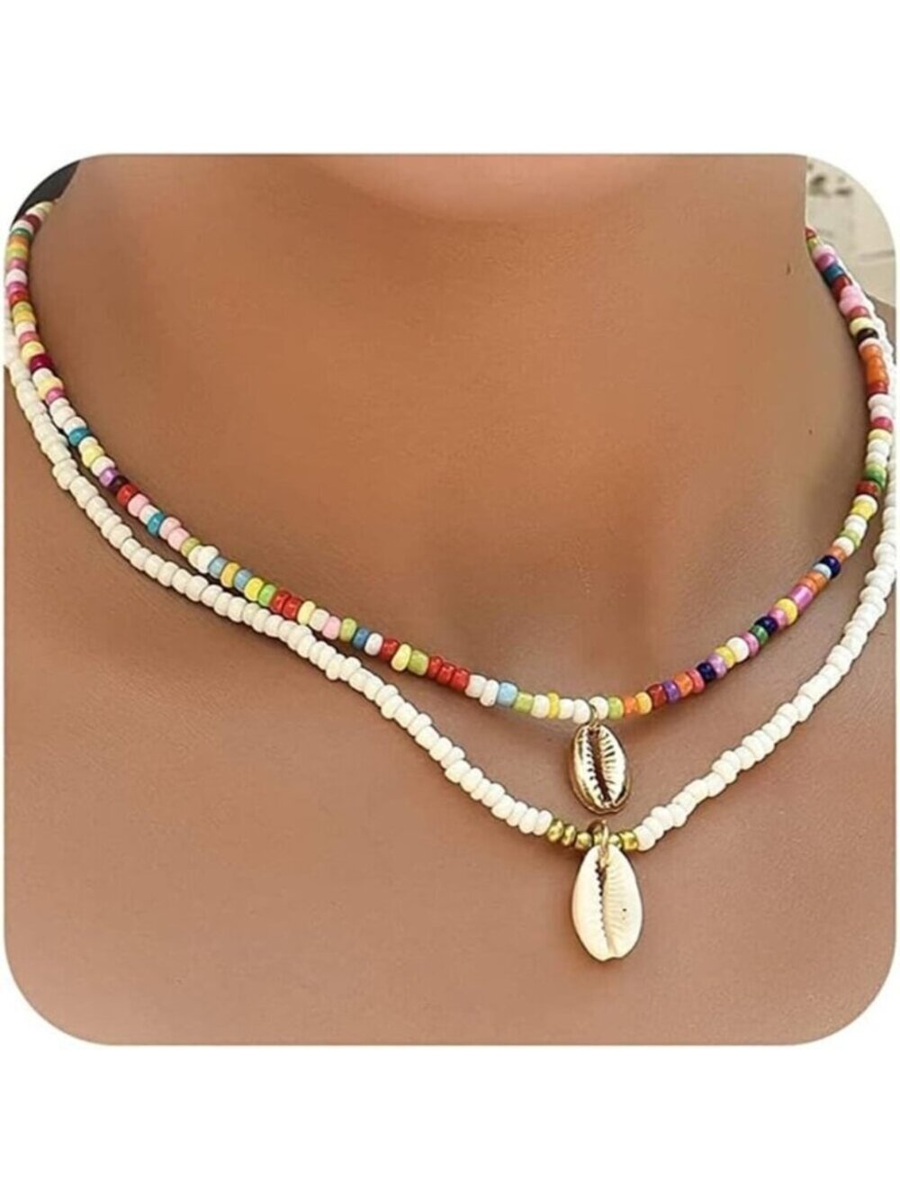 🆕 Women White Puka Shell Necklace Boho Layered Starfish Beaded Choker Jewelry